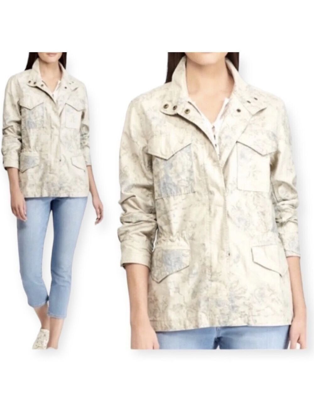 Chaps Dusty Floral Long Twill Utility Denim Jacket Coat 100% Cotton Size M